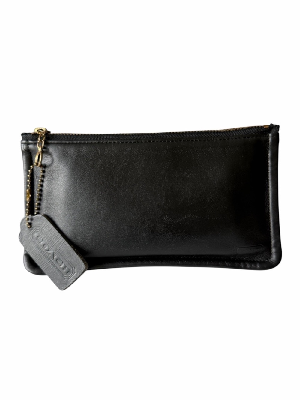 Vintage Coach 7170 Skinny Case Black Leather Striped Lining Zip Pouch
